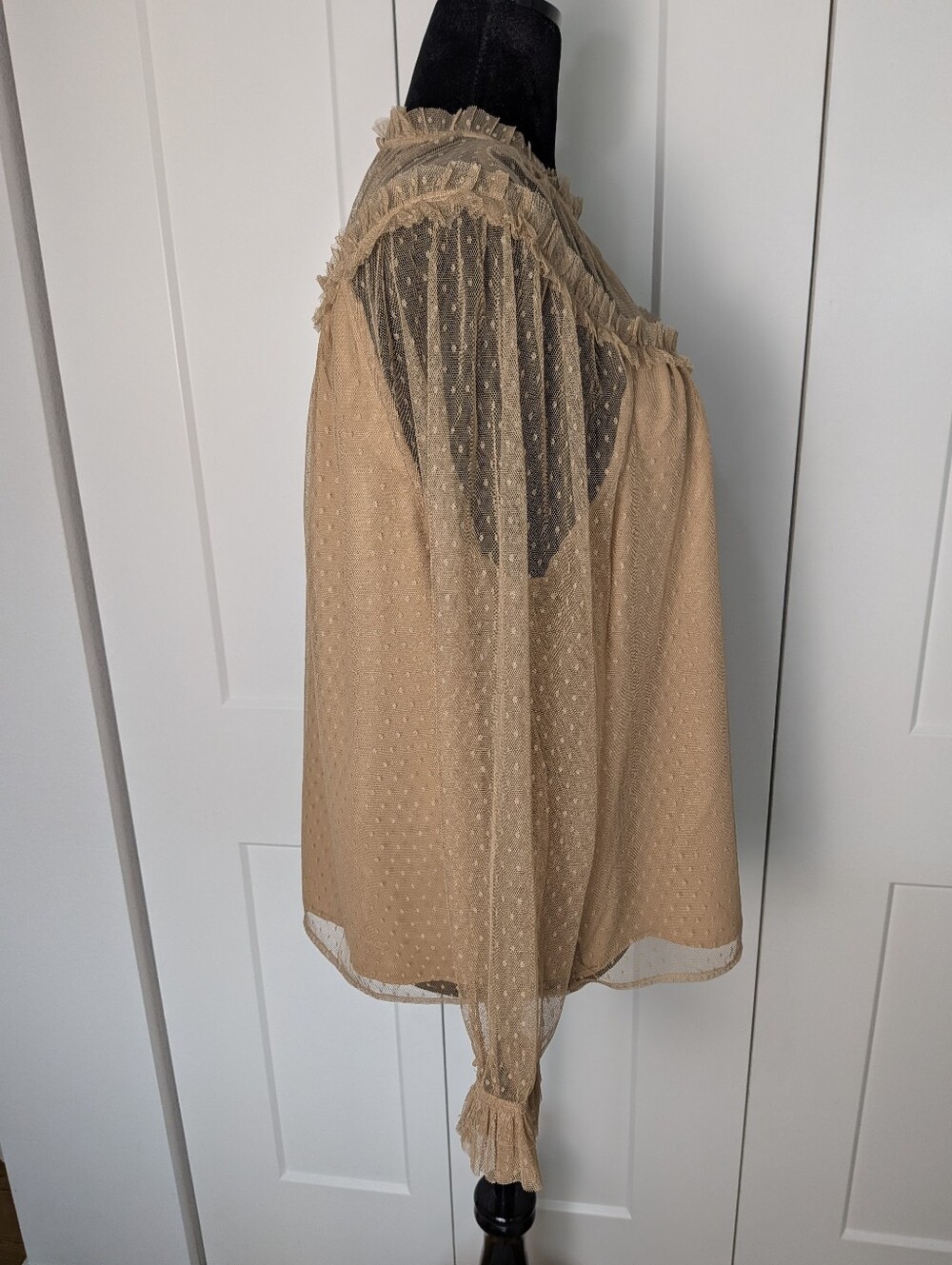 J.CREW Womens Sheer Lace Polka Dot Ruffle Long Sleeve Button Blouse 2XL Beige - Picture 3 of 10